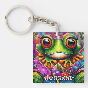 Porte-clefs Frog Whimsical Art Abstrait Floral Personnalisé