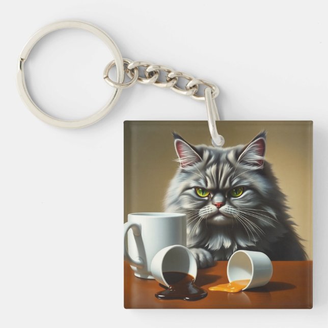 Porte-clefs Funny Disappointed Cat With Coffee Mug (Devant)