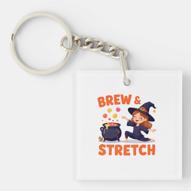 Porte-clefs Funny Witch Yoga Design – "Brew & Stretch" Cartoon (Devant)