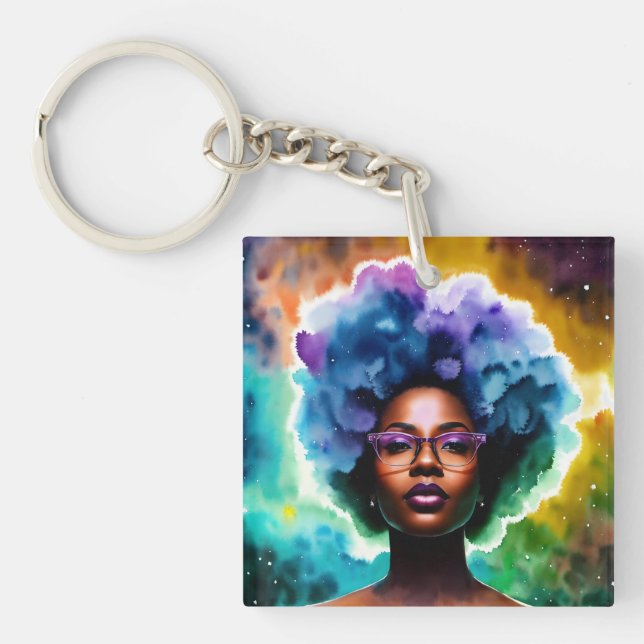 Porte-clefs Galaxy Afro femme noire en lunettes (Devant)