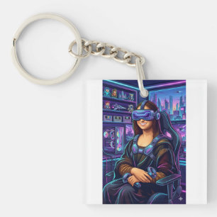 Porte-clefs Gamer Mona Lisa VR Headset Funny Cyberpunk Art Pri