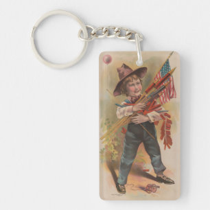 Porte-clefs Garçon avec Feux d'Artifice, Drapeau Américain, Im