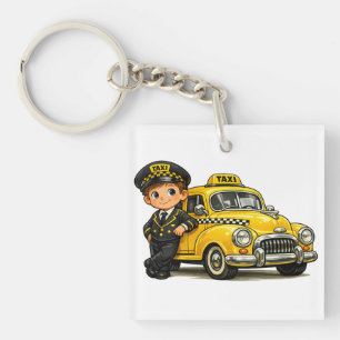 Porte-clefs Garçon Conducteur de Taxi Rétro avec T-Shirt de Vo