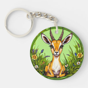 Porte-clefs Gazelle mignonne dans une scène de prairie fleurie
