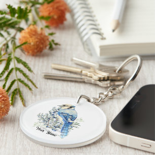 Porte-clefs Geai bleu aquarelle Baies bleues Art de campagne