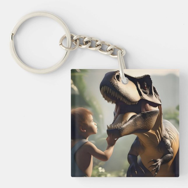 Porte-clefs Géant doux : Le T-Rex amical qui aime un chat (Devant)