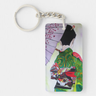 Porte-clefs Geisha avec kimono vert et parapluie violet