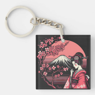 Porte-clefs Geisha japonais Mont Fuji Cerry Blossom Trees