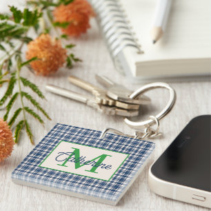 Porte-clefs Gingham à carreaux bleu et vert Tartan Monogramme