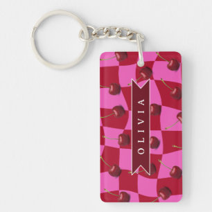 Porte-clefs Gingham Cerise Personnalisé Rétro Nom Personnalisé