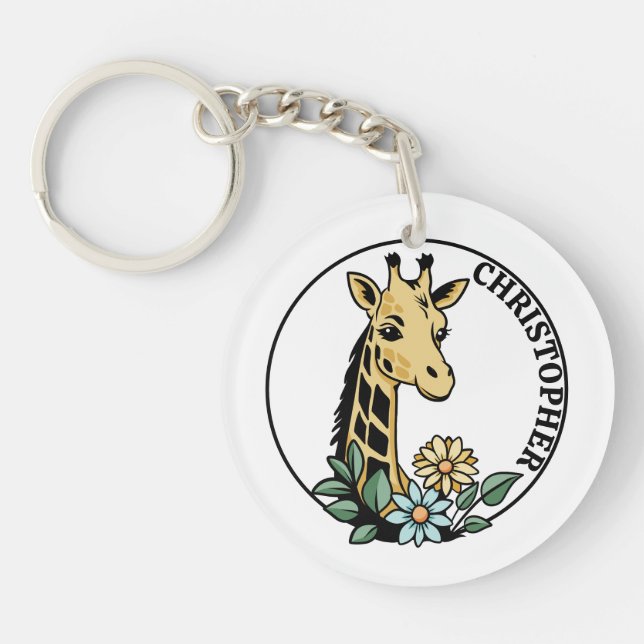 Porte-clefs Giraffe Et Fleurs Nom Personnalisé (Devant)