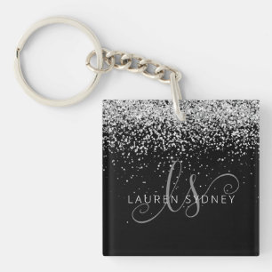 Porte-clefs Glam Black Silver Parties scintillant Nom du monog