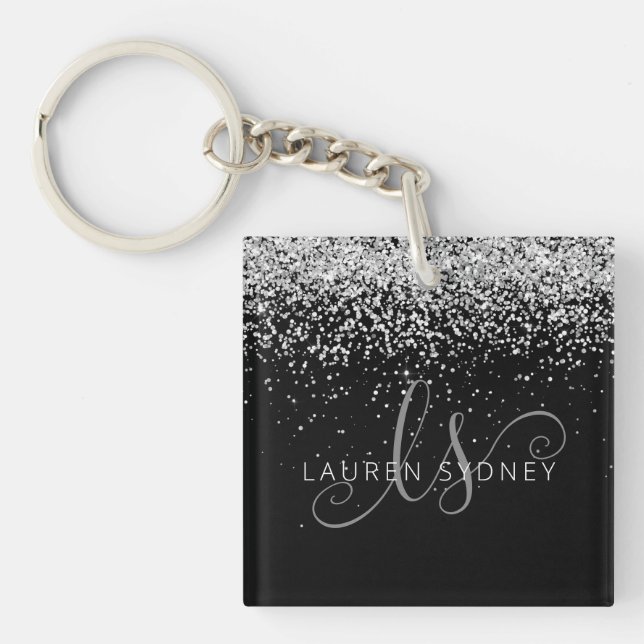 Porte-clefs Glam Black Silver Parties scintillant Nom du monog (Devant)