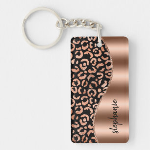 Porte-clefs Glam Leopard Spots Rose Gold Black Metallic Nom