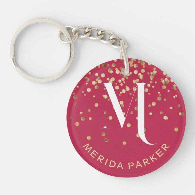 Porte-clefs Glamour stylé Rouge Or Paillettes Initial Monogram (Devant)