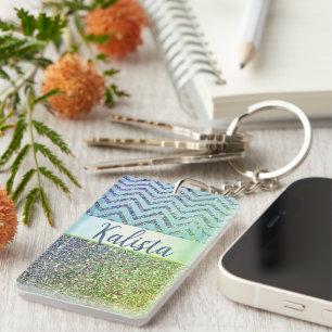Porte-clefs Glittery Green et Purple Chevron Personnalisé