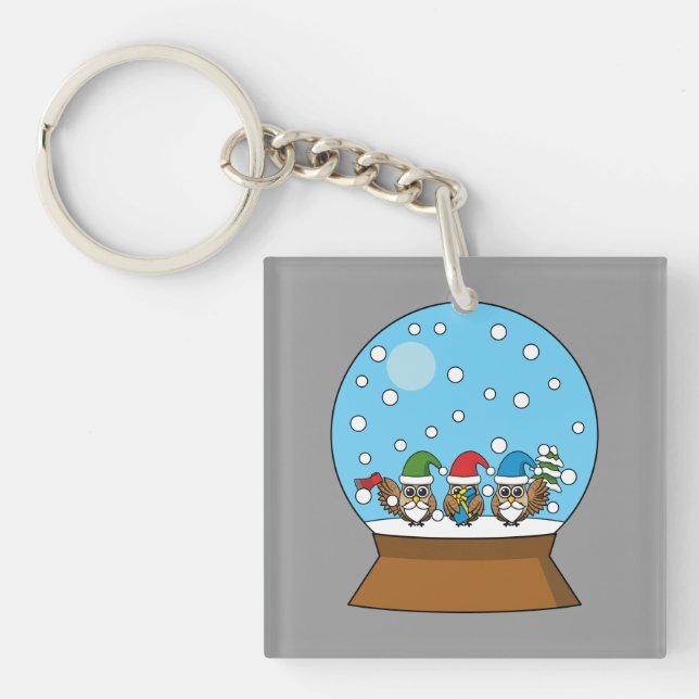Porte-clefs Globe des neiges avec trois Chouettes Gnomes (Devant)