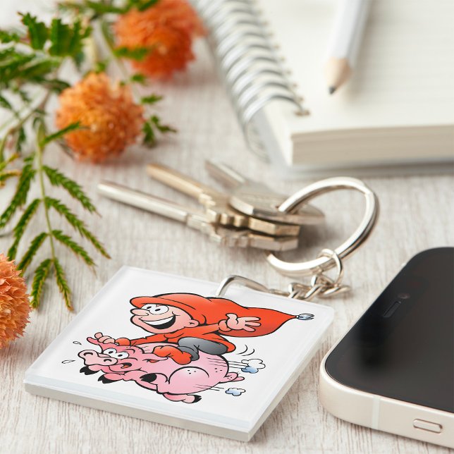 Porte-clefs Gnome de dessin animé drôle chevauchant un cochon  (Créateur téléchargé)