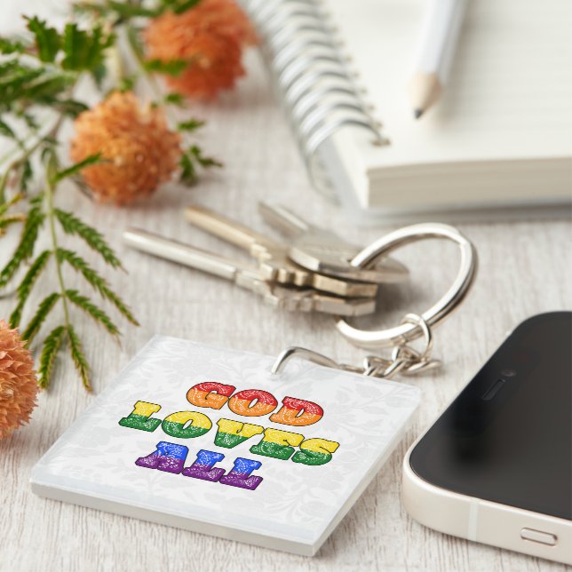 Porte-clefs "God Loves All" Gay/LGBTQIA+/Queer Christian Pride (Devant Droit)