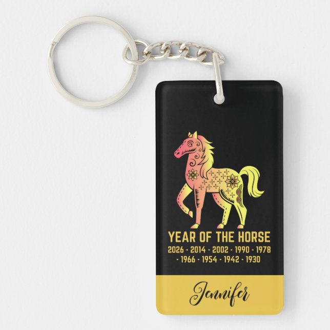 Porte-clefs Gold Gradient Année Du Cheval Zodiac Nom Noir (Devant)
