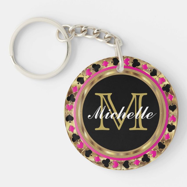 Porte-clefs Gold Metallic Pink Poker Design | Monogramme (Devant)