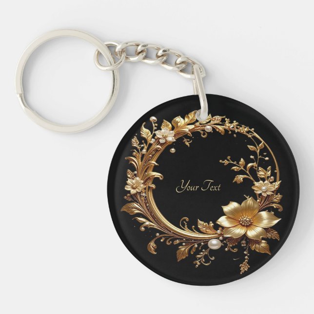 Porte-clefs Golden Floral Ornate Frame Keychain (Devant)