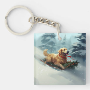Porte-clefs Golden Retriers Noël neige hiver