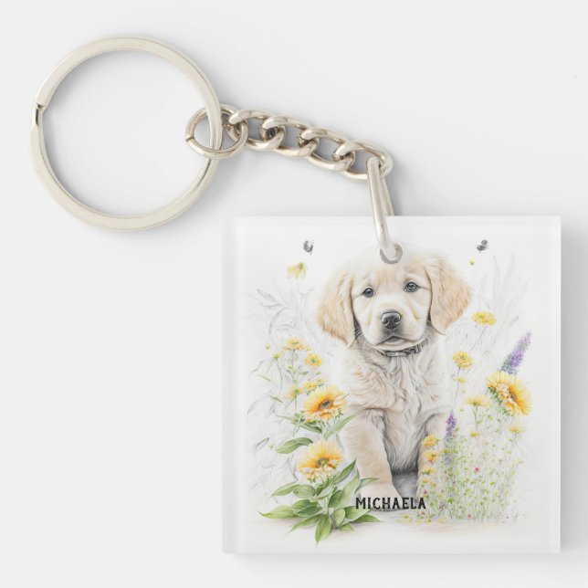 Porte-clefs Golden Retriever Puppy et fleurons nom monogramme (Devant)