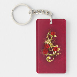 Porte-clefs Golden Treble Clef avec fleurs Roses