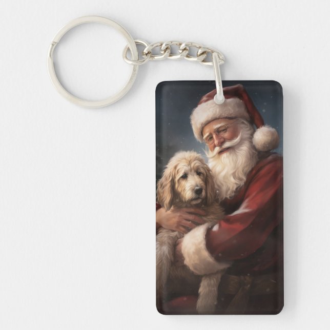 Porte-clefs Goldendoodle avec Noël Festif du Père Noël (Devant)