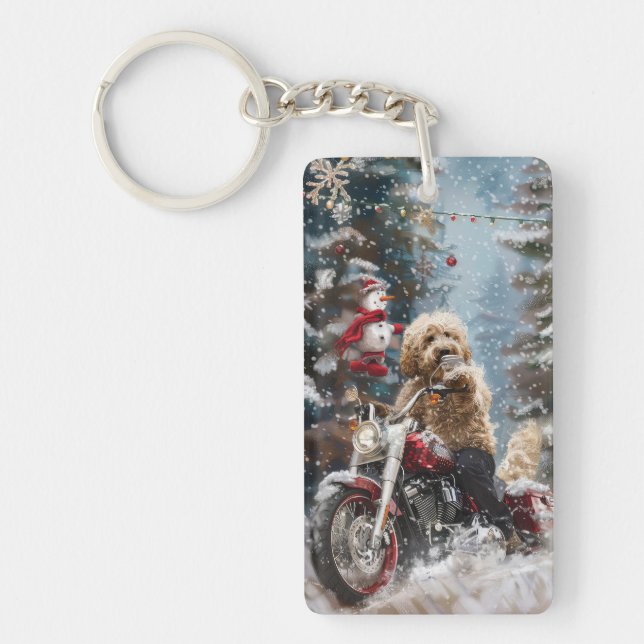 Porte-clefs Goldendoodle Chien à Moto Noël  (Devant)