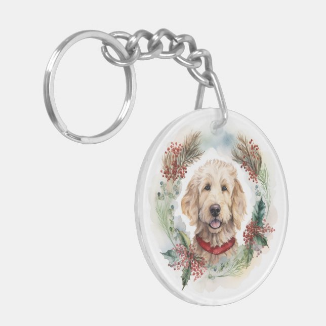 Porte-clefs Goldendoodle Christmas Wreath Festive Pup (Devant gauche)