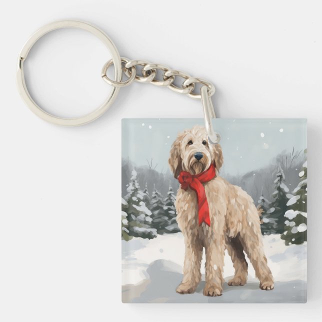 Porte-clefs Goldendoodle dans la neige à Noël  (Devant)
