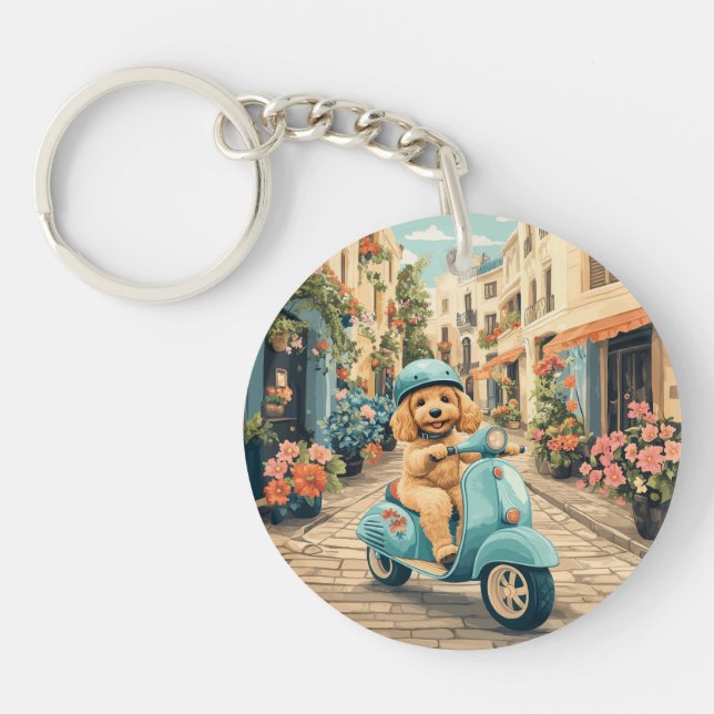 Porte-clefs Goldendoodle Dog Riding Scooter European Streets (Devant)