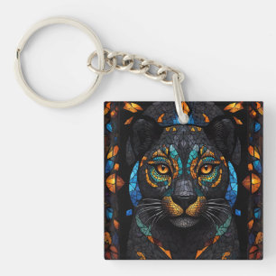 Porte-clefs Grand Chat noir Mosaïque coloré effet de verre