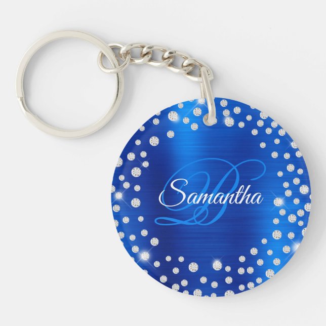Porte-clefs Grand Confetti de diamant Royal Blue Foil Monogram (Devant)