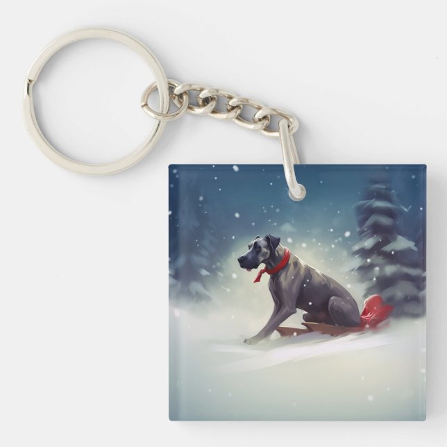 Porte-clefs Grand Danois Noël neige hiver (Devant)