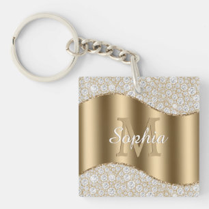 Porte-clefs Grand Monogramme d'or, Nom de script blanc, Diaman
