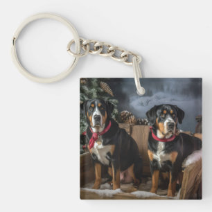 Porte-clefs Grand Montagne Suisse enneigé traîneau de Noël