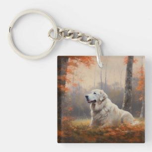 Porte-clefs Grands Pyrénées dans les feuilles d'automne qui to