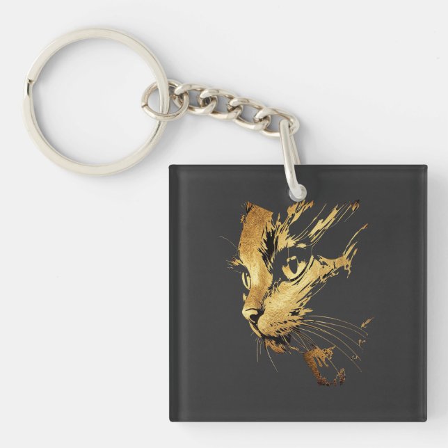 Porte-clefs Graphique Élégant Chat Noir et Or Texturé (Devant)