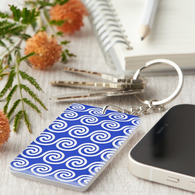 Porte-clefs Grec Meander Key Waves Motif Bleu (Devant droit)