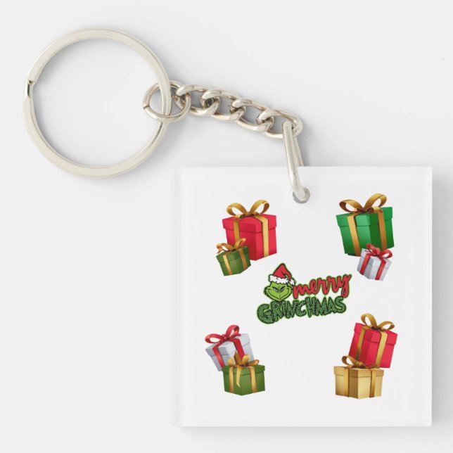 Porte-clefs Green Christmas Creature with Gift Boxes (Devant)