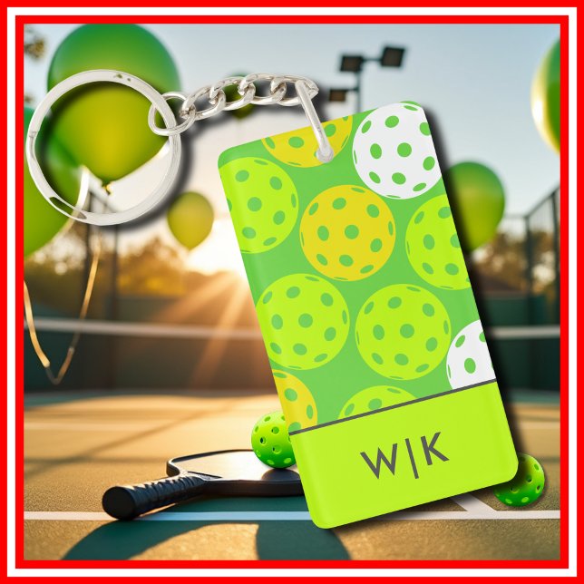 Porte-clefs Green Pickleball Cool Moderne Élégant Monogramme (Green Pickleball Cool Modern Elegant Monogrammed Keychain)