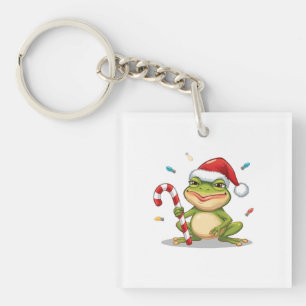 Porte-clefs Grenouille de Noël mignonne avec canne à sucre - V