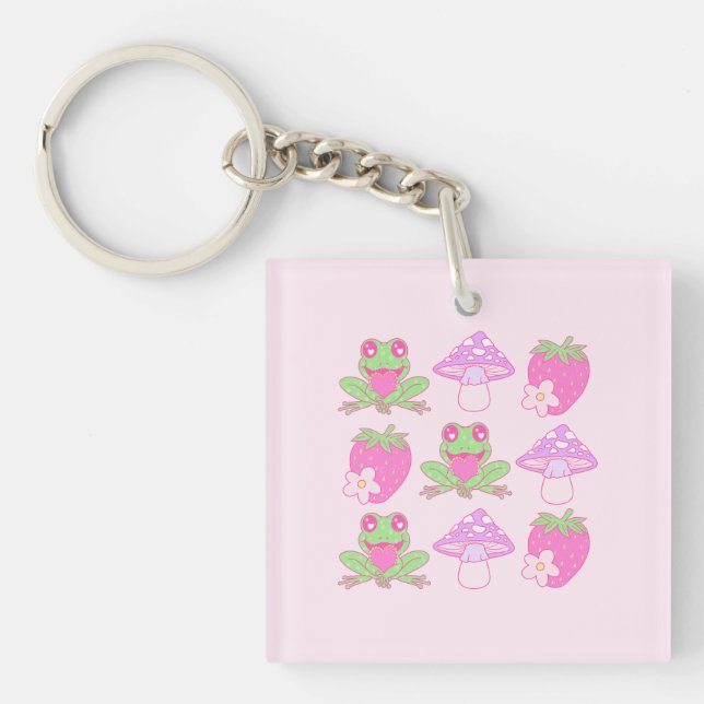 Porte-clefs Grenouille Kawaii, champignon et fraise (Devant)
