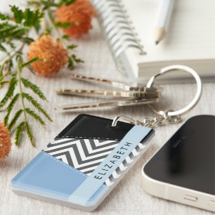 Porte-clefs Grey Zigzag, Grey Chevron, Bleu, Votre Nom