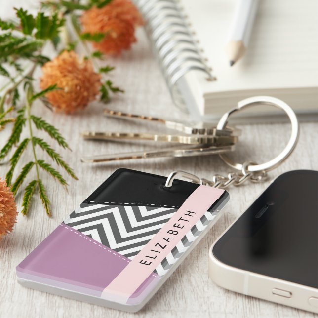 Porte-clefs Grey Zigzag, Grey Chevron, Purple, Votre Nom (Devant droit)