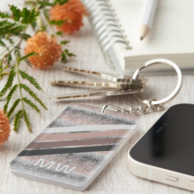 Porte-clefs Gris Foncé Personnalisé Beige Brown Rayures rétro (Devant droit)