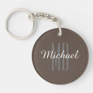 Porte-clefs Gris Marron & Gris Monogramme Nom, Personnaliser